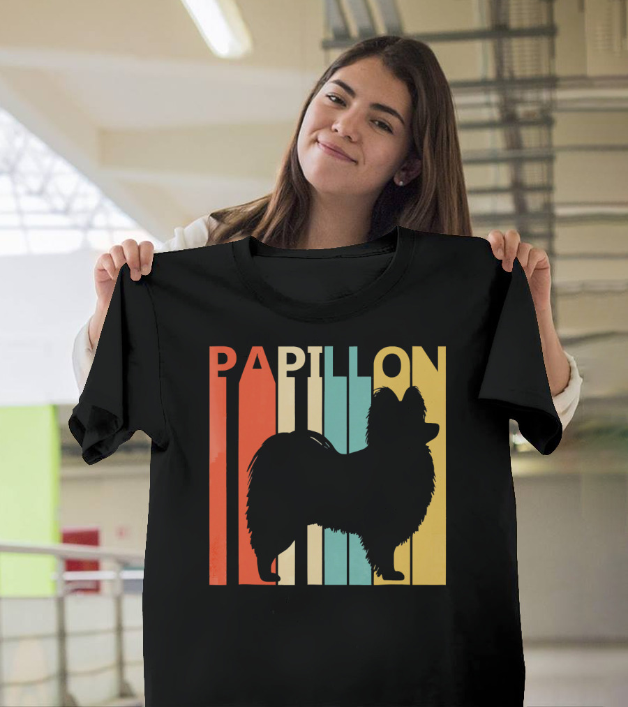 Papillon Vintage Papillon Dog Silhouette Retro Stripes T-Shirt