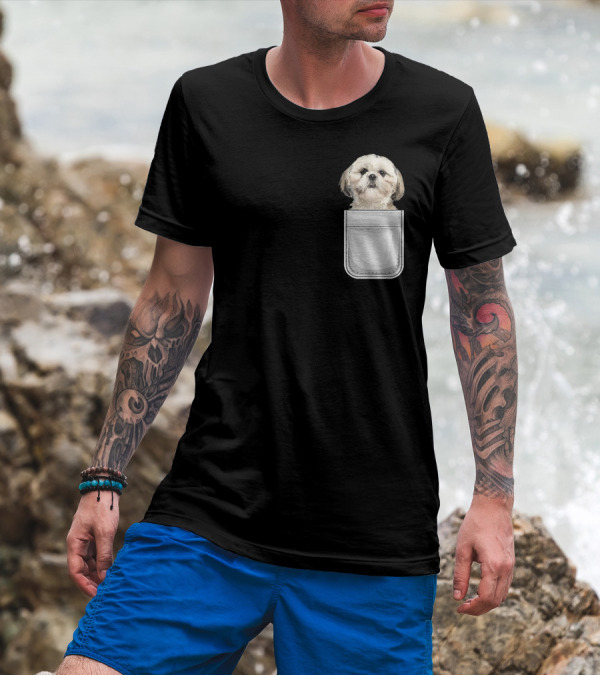 Shih Tzu Puppy Dog Peeking From Pocket T-Shirt