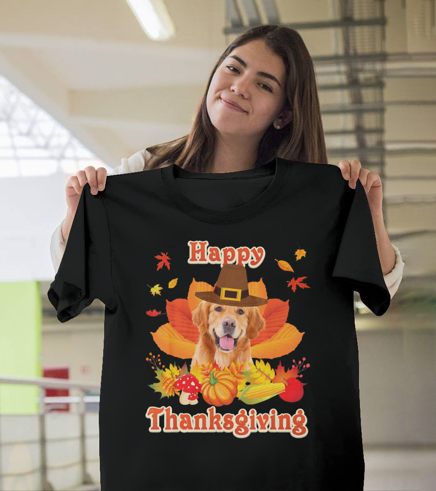 Thanksgiving Golden Retriever Dog with Pilgrim Hat and Autumn Harvest Elements T-Shirt