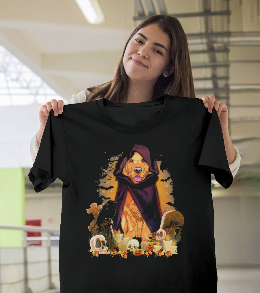 Golden Retriever Halloween Night with Skulls and Candles T-Shirt