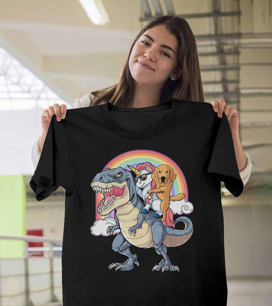 Golden Retriever Unicorn T-Rex Rainbow Adventure T-Shirt