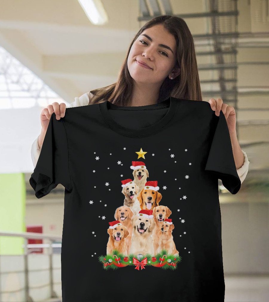 Golden Retriever Christmas Tree with Santa Hats and Snowflakes T-Shirt