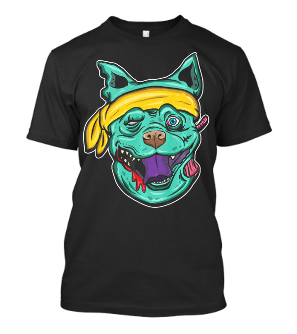 Funny Pit Bull Zombie Head With Yellow Bandana And Purple Tongue T-Shirt