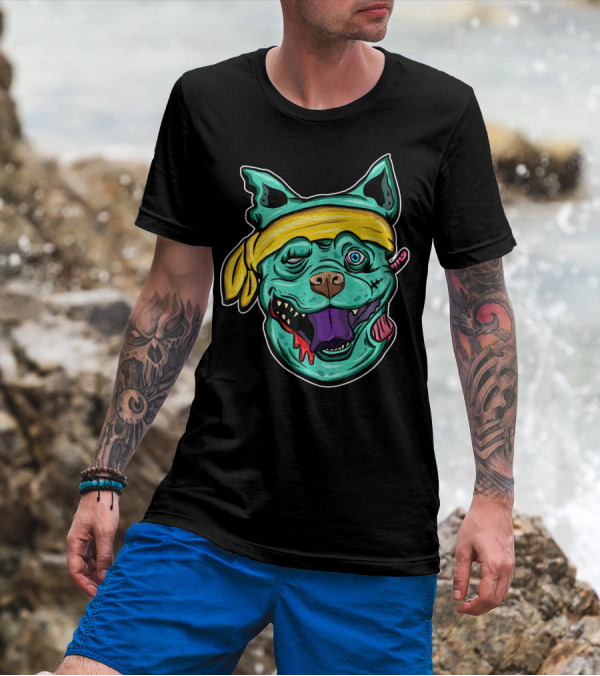 Funny Pit Bull Zombie Head With Yellow Bandana And Purple Tongue T-Shirt