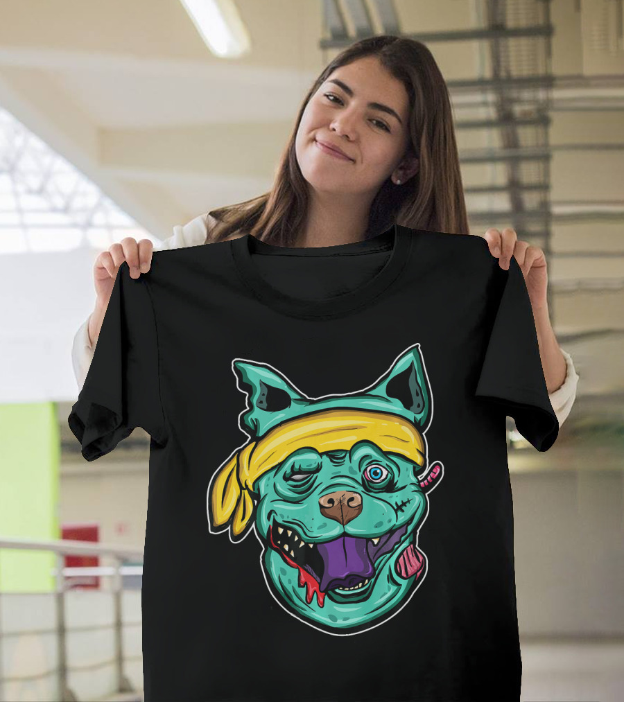 Funny Pit Bull Zombie Head with Yellow Bandana and Purple Tongue T-Shirt