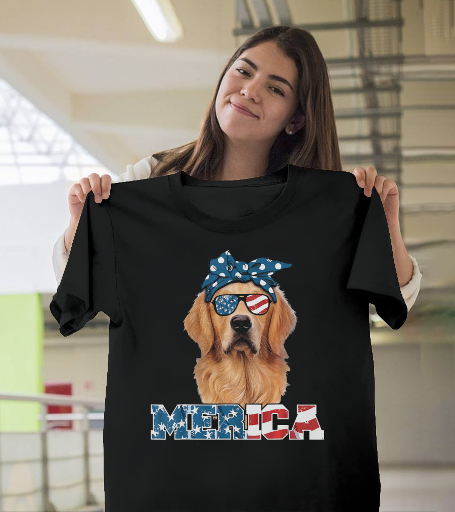 Golden Retriever With American Flag Sunglasses 'Merica T-Shirt