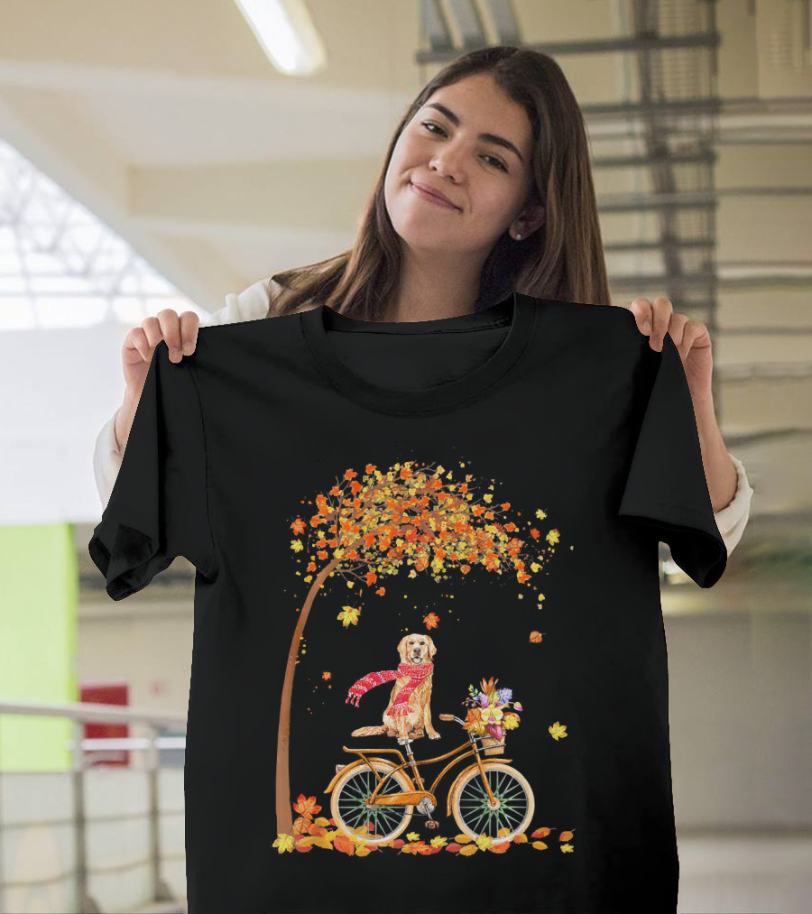 Golden Retriever with Scarf on Bicycle under Autumn Tree T-Shirt