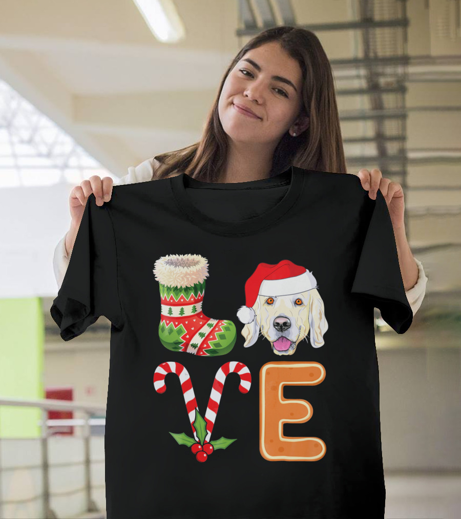 Golden Retriever Lover Xmas Stocking Candy Cane Gingerbread Letter E Christmas Santa Hat T-Shirt