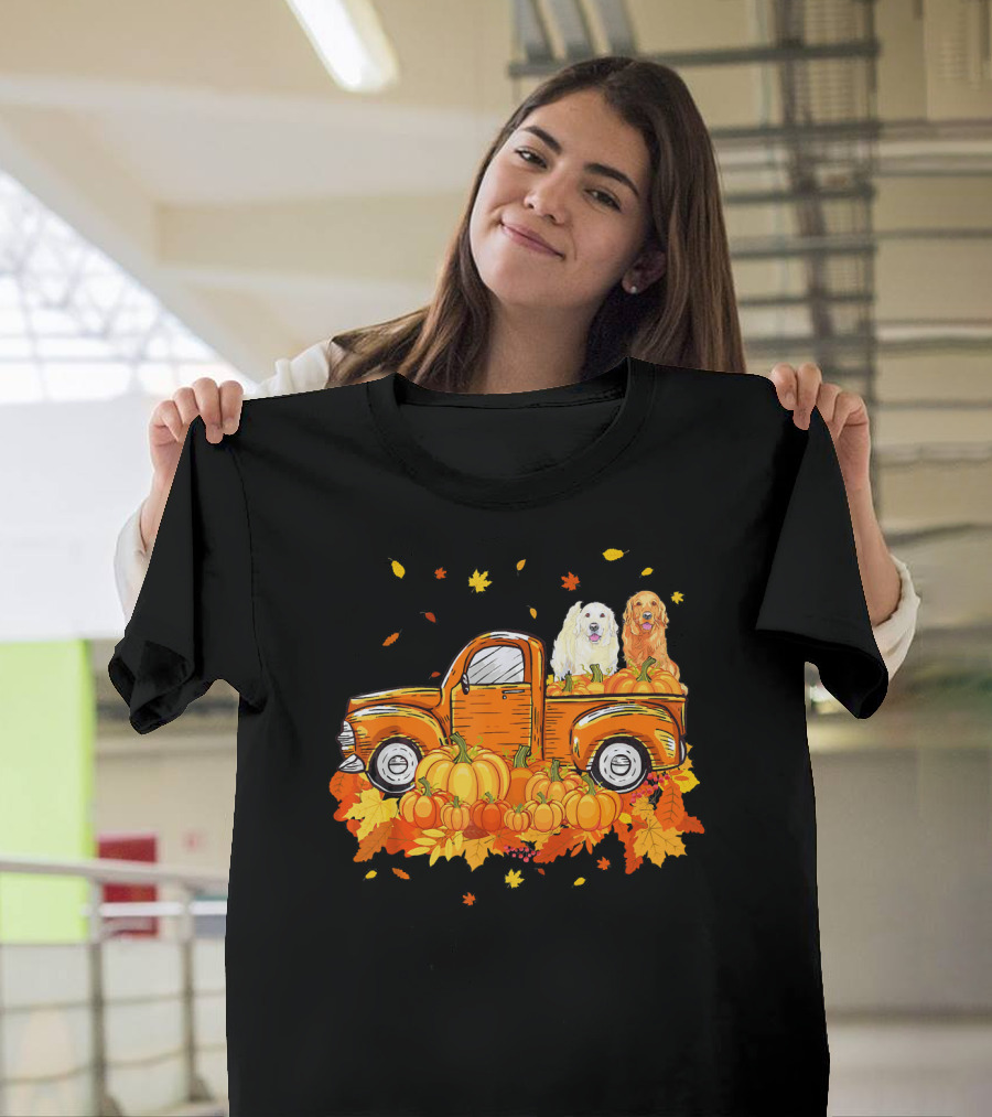 Golden Retriever Sitting in Pumpkin-Filled Vintage Truck with Fall Leaves T-Shirt