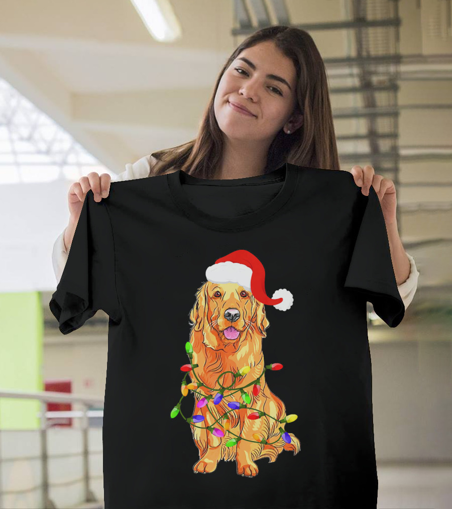 Golden Retriever Christmas Lights Cute Dog with Santa Hat T-Shirt