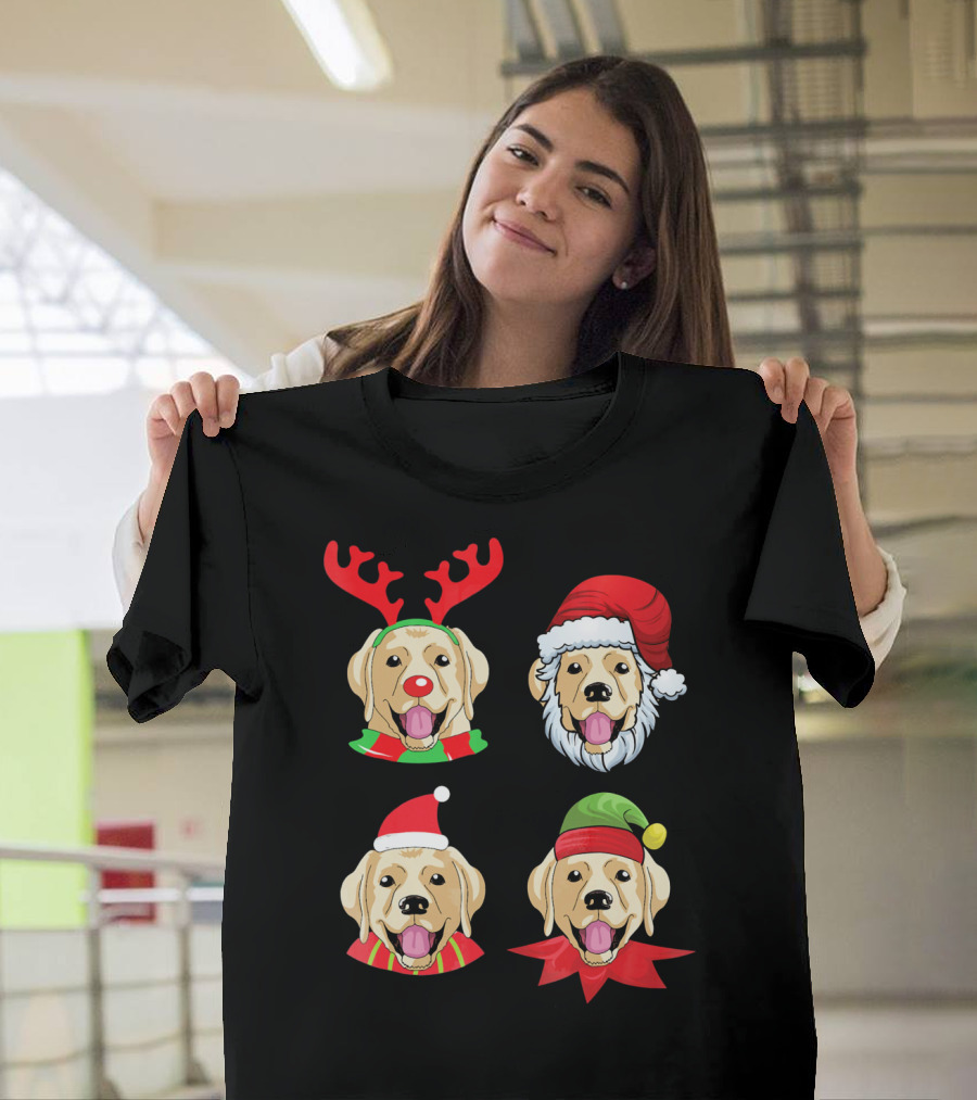 Cute Golden Labrador Christmas Reindeer Santa Elf Hats T-Shirt