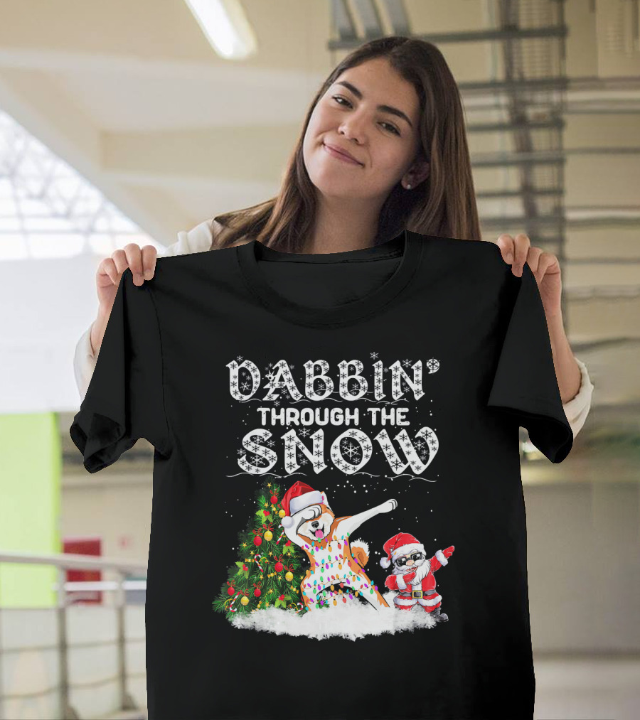 Dabbin' Through The Snow Akita Christmas Santa Tree T-Shirt