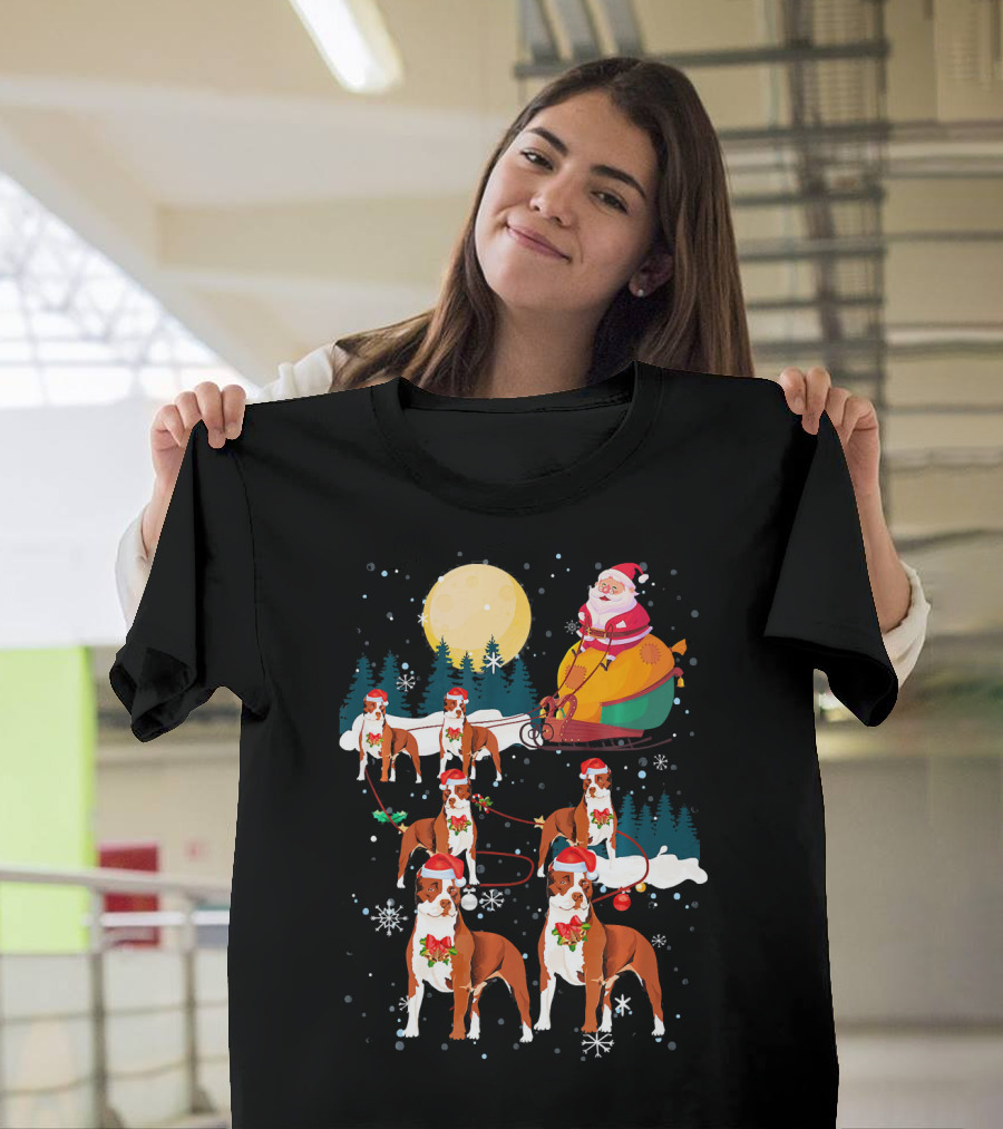 Santa Claus Sled with Pit Bull Reindeer and Christmas Snowflakes T-Shirt