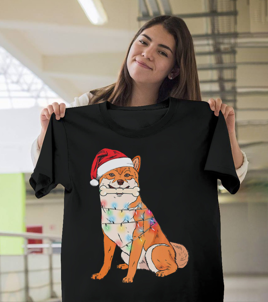 Akita Inu with Santa Hat and Christmas Lights Holding Bone T-Shirt