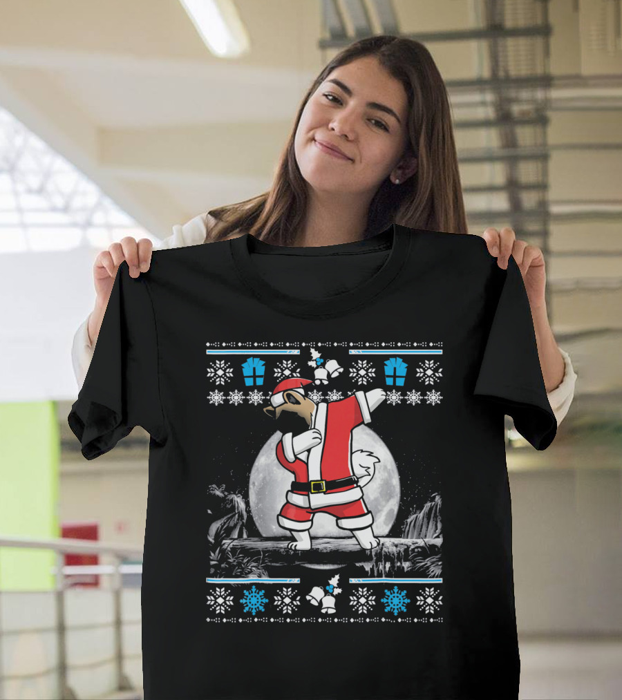 Akita Dog Dabbing in Santa Claus Outfit with Moon and Snowflakes T-Shirt