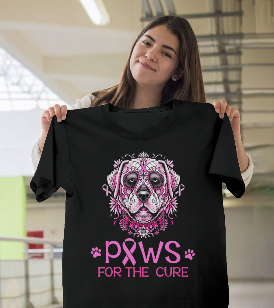 Paws for the Cure Golden Retriever Sugar Skull Pink T-Shirt
