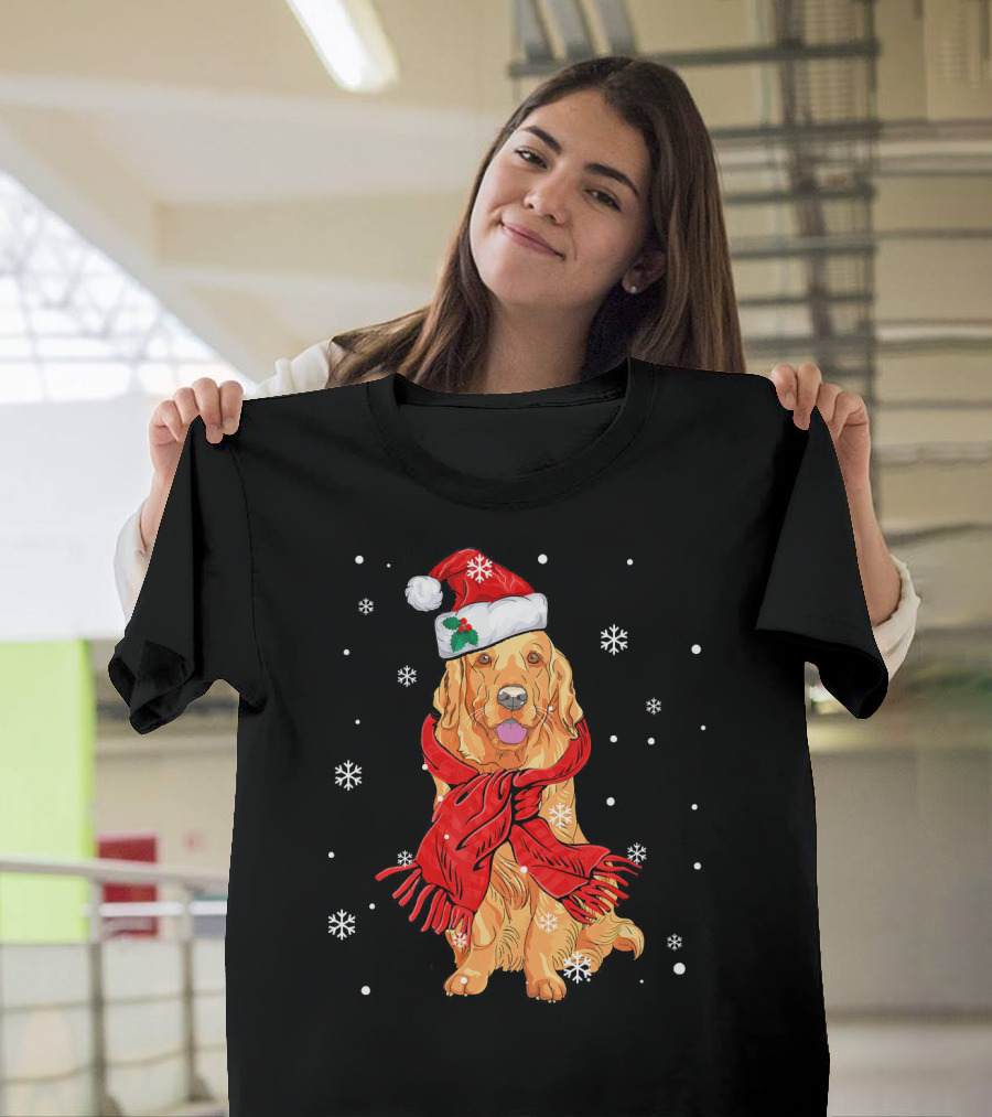 Golden Retriever in Santa Hat and Red Scarf with Snowflakes T-Shirt