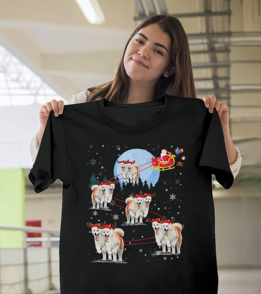 Akita Reindeer Santa Sleigh Under Moonlight Christmas Scene T-Shirt