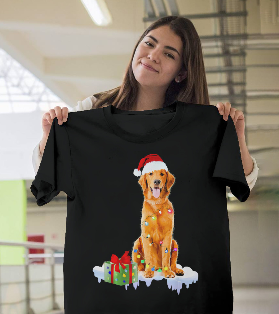 Golden Retriever Wrapped in Christmas Lights with Santa Hat and Present T-Shirt