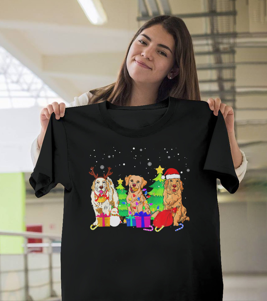 Energetic Labrador Retriever Christmas Trio with Reindeer Antlers and Santa Hat T-Shirt