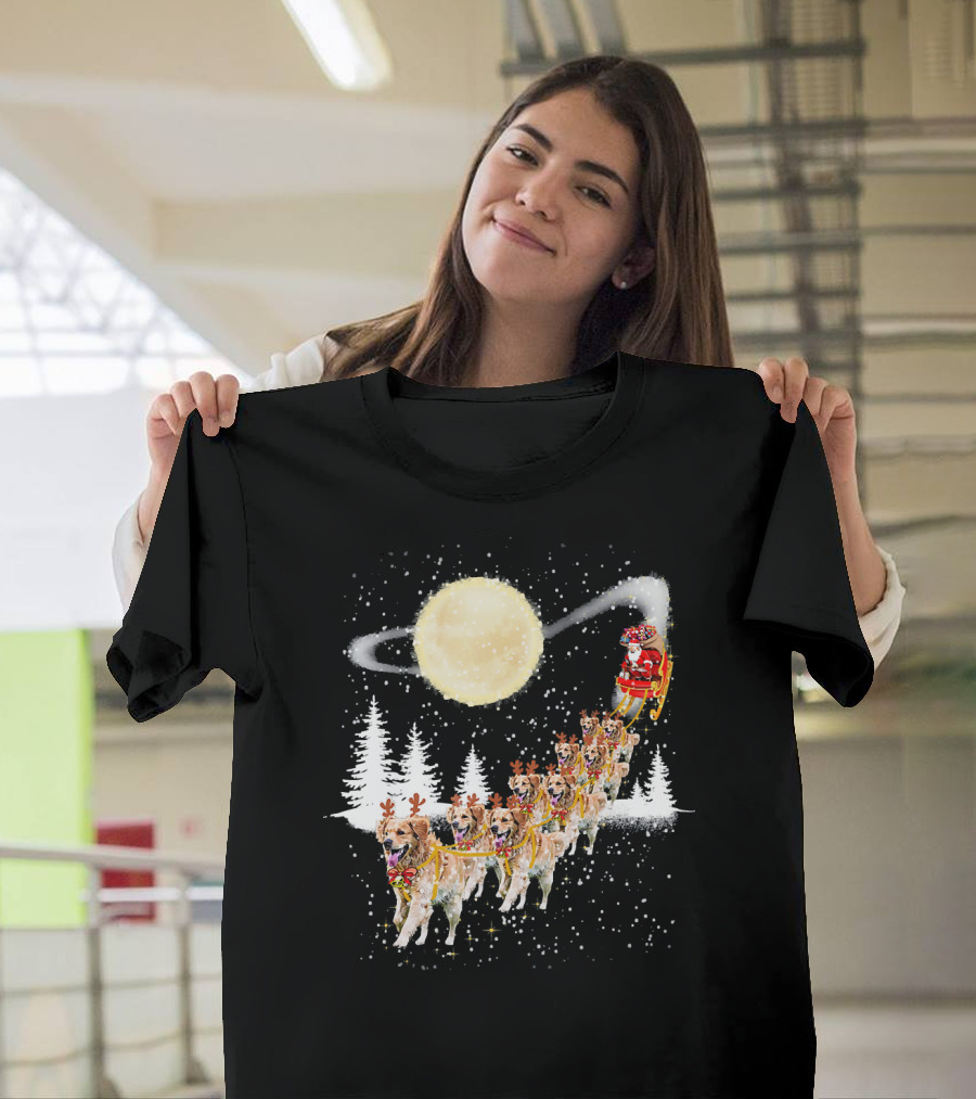Santa's Sleigh with Golden Retriever Reindeer Under Full Moon T-Shirt