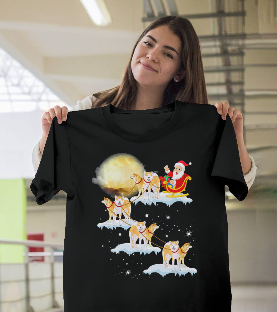 Santa Sleigh with Akita Inu Dogs in Christmas Night Sky T-Shirt