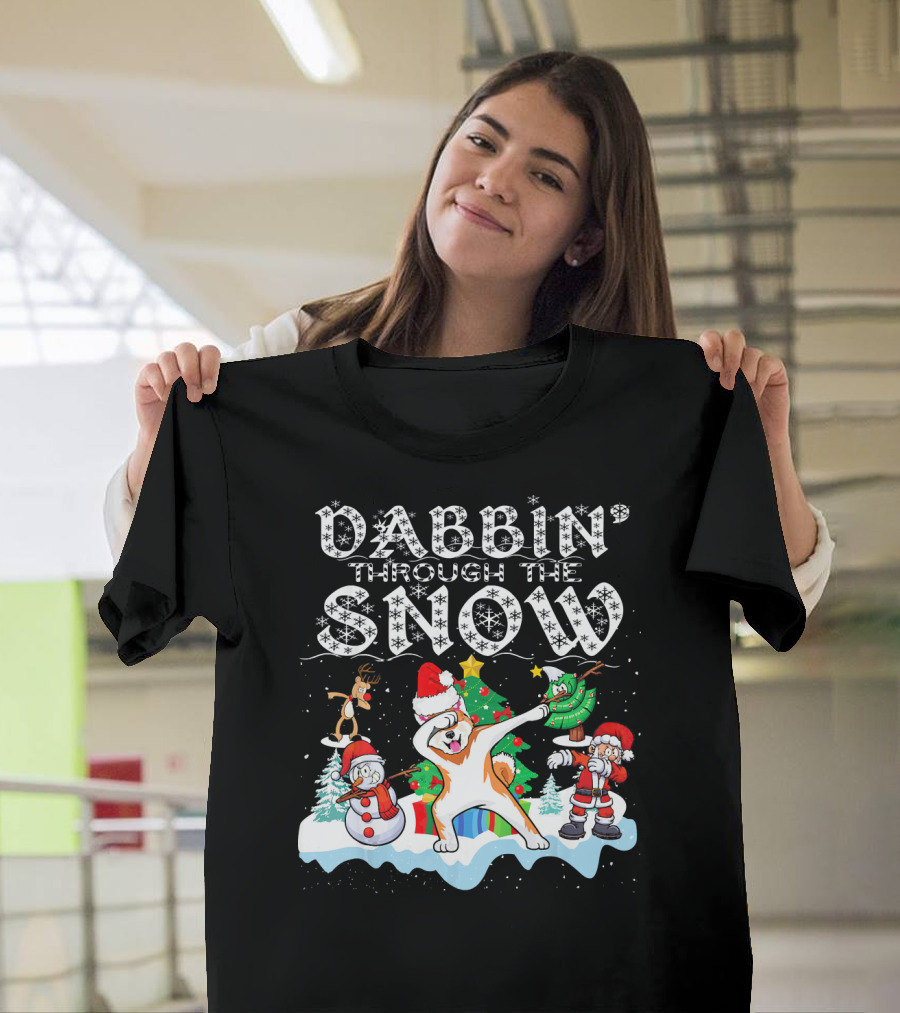 Akita Santa Dabbin' Through the Snow with Reindeer and Snowman T-Shirt