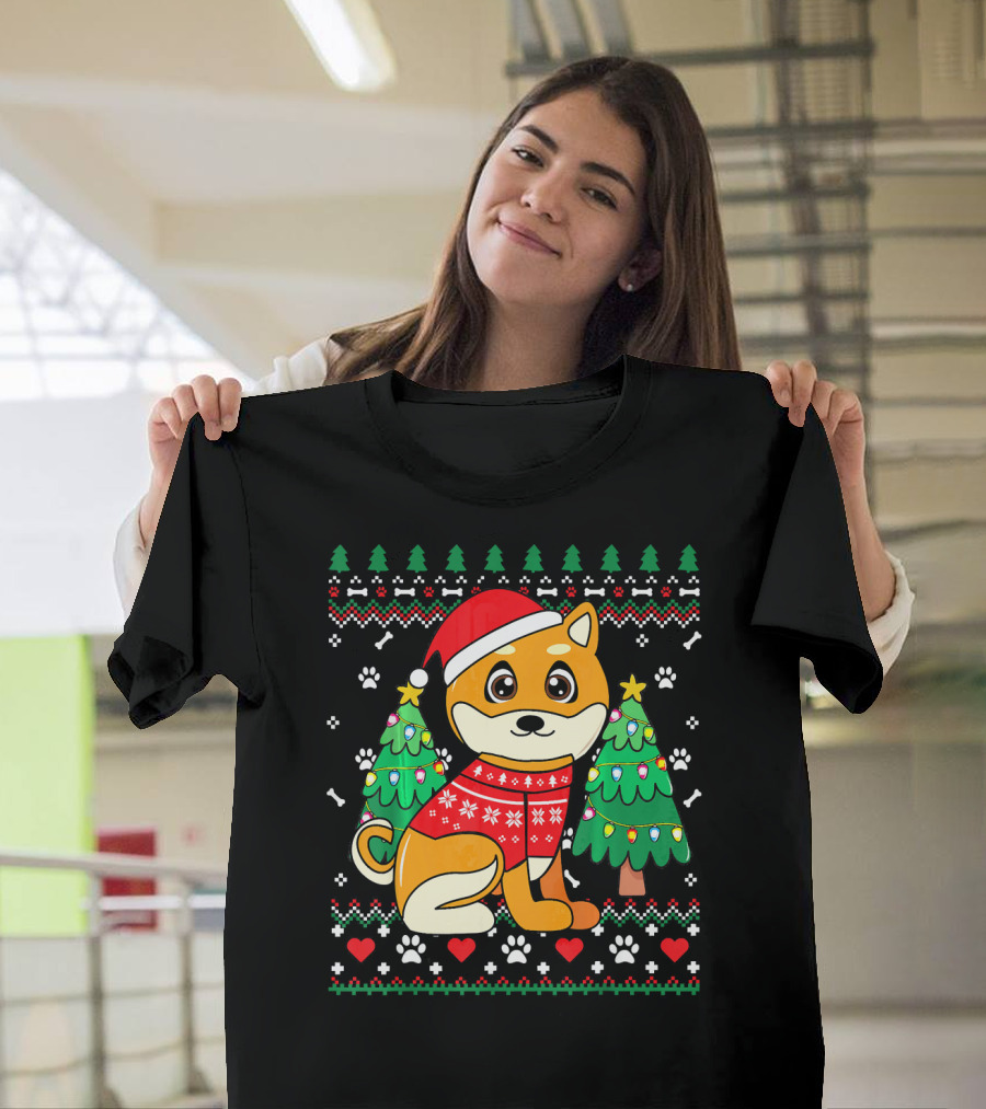Akita Dog in Christmas Sweater with Ornament Trees Ugly Christmas T-Shirt