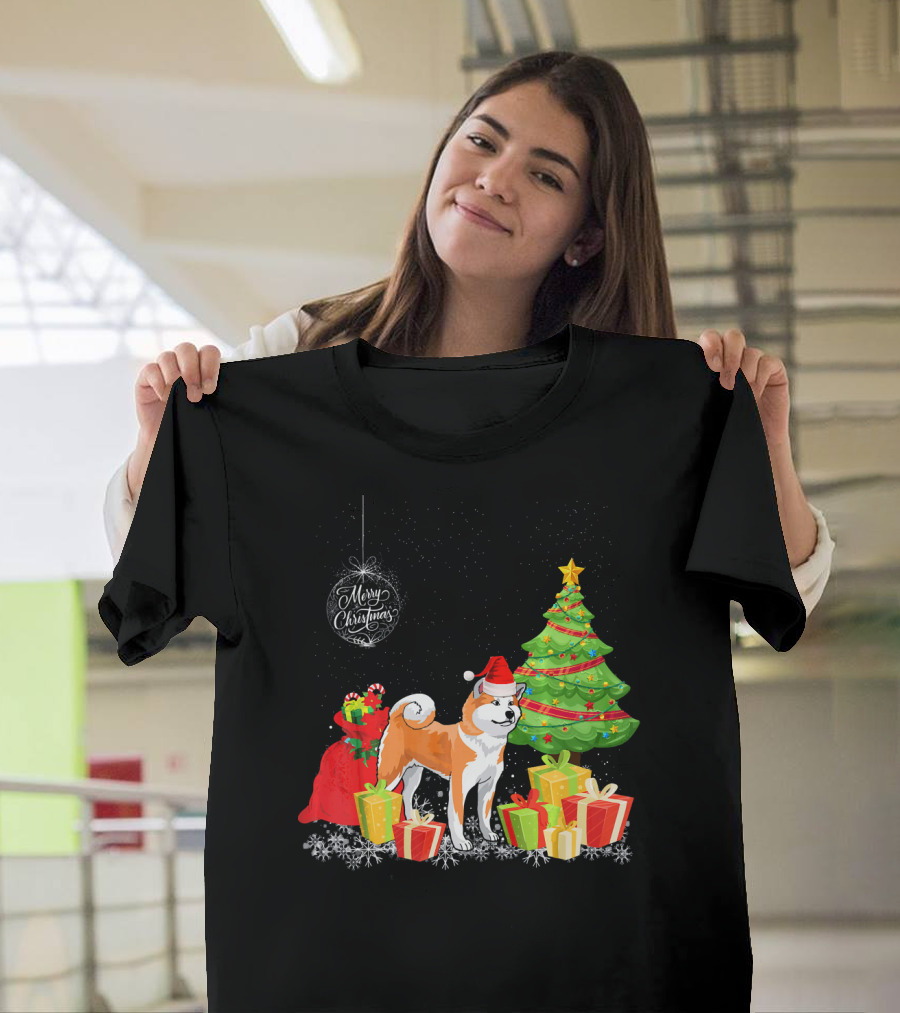 Merry Christmas Akita with Santa Hat and Presents Under Christmas Tree T-Shirt