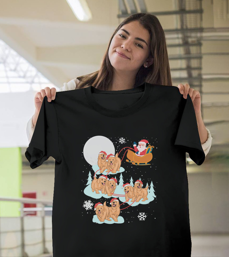 Funny Santa Sleigh Golden Retrievers Christmas T-Shirt
