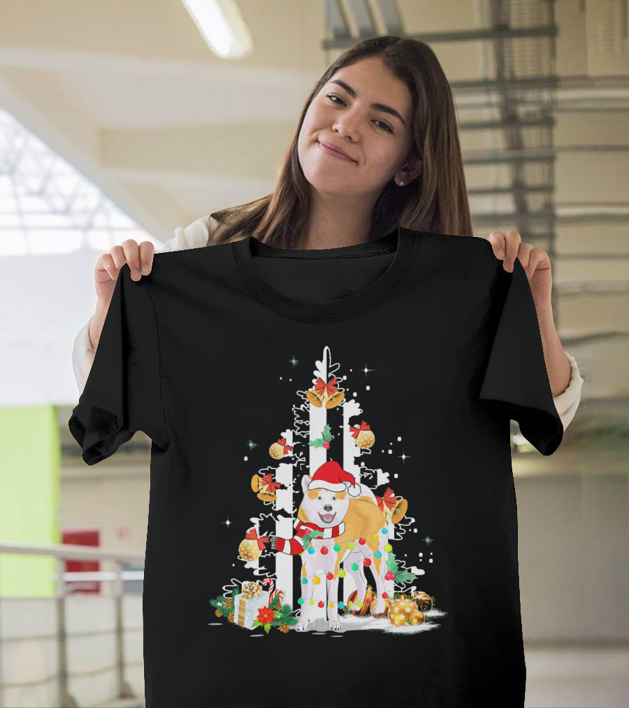 Akita Inu Christmas Tree Lights Santa Hat USA Flag Holiday Icons T-Shirt