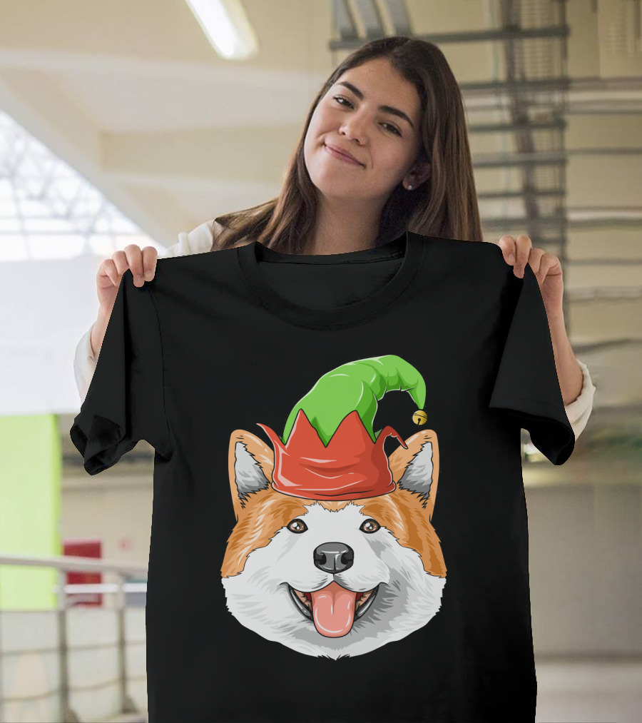 Akita Dog in Festive Elf Hat Christmas T-Shirt