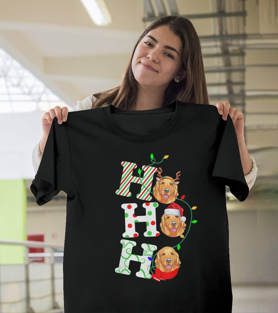 Golden Retriever Ho Ho Ho Reindeer Antlers Santa Hat T-Shirt