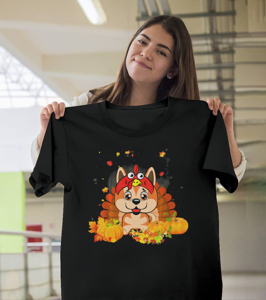 Akita Dog Wearing Turkey Hat with Pumpkins and Fall Leaves T-Shirt