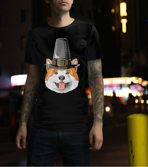 Akita Dog In Pilgrim Hat Thanksgiving Costume T-Shirt