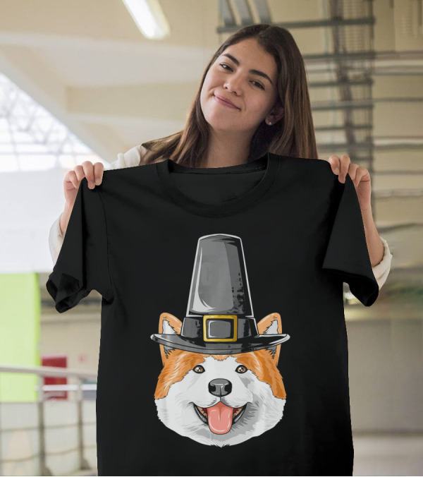 Akita Dog In Pilgrim Hat Thanksgiving Costume T-Shirt