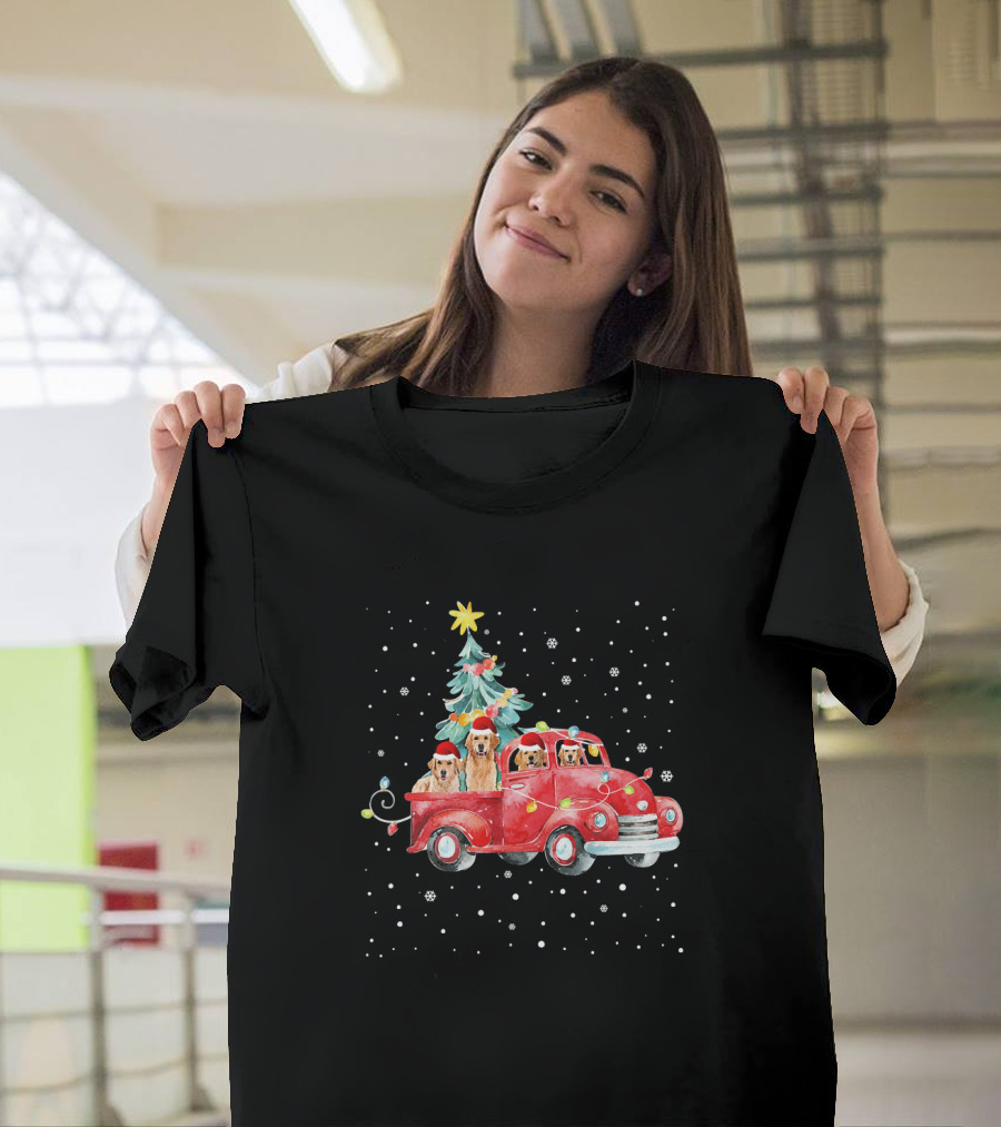 Golden Retrievers in Red Truck with Christmas Tree and Snowflakes T-Shirt