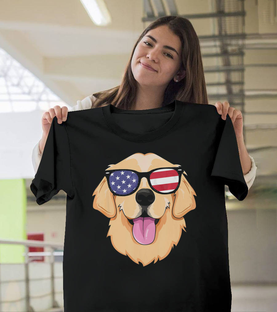 Golden Retriever With American Flag Sunglasses 4th of July T-Shirt