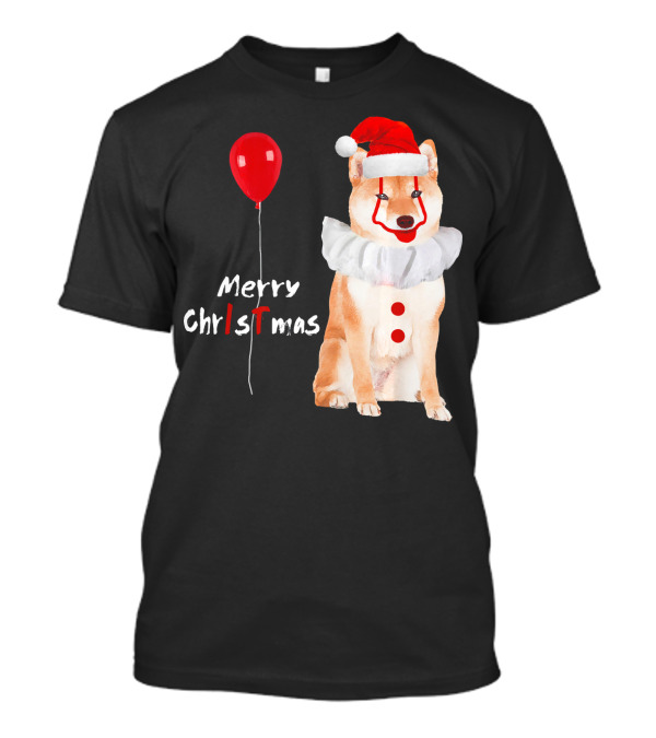 Merry Christmas Akita Horror Clown With Red Balloon T-Shirt