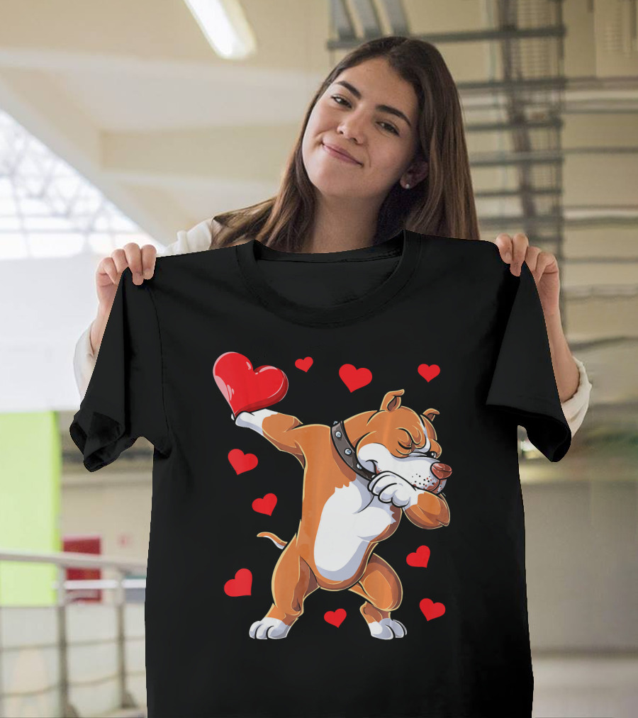 Dabbing Pit Bull Holding Heart Surrounded by Red Hearts Valentine's Day T-Shirt