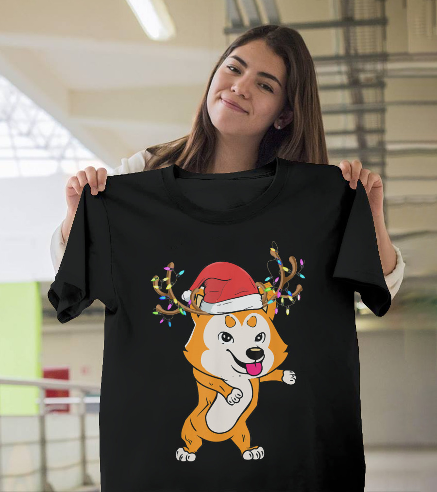 Akita Inu with Santa Hat and Reindeer Antlers with Christmas Lights T-Shirt