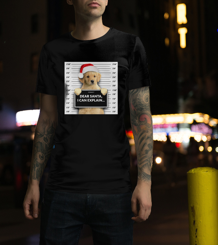 Dear Santa I Can Explain Christmas Golden Retriever Mugshot Santa Hat T-Shirt