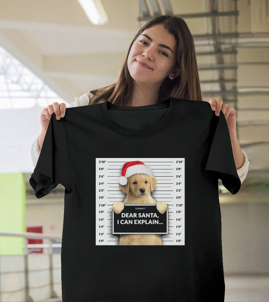 Dear Santa I Can Explain Christmas Golden Retriever Mugshot Santa Hat T-Shirt