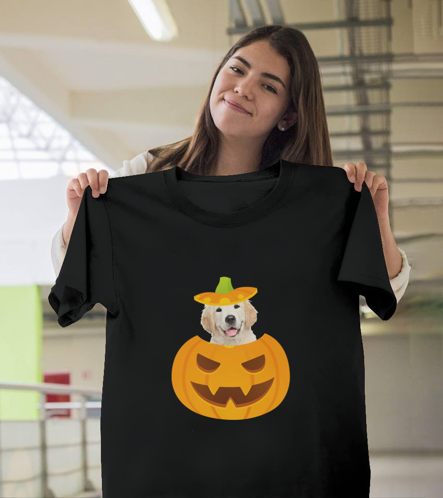 Golden Retriever Puppy Peeking Out from Halloween Pumpkin with Sombrero T-Shirt