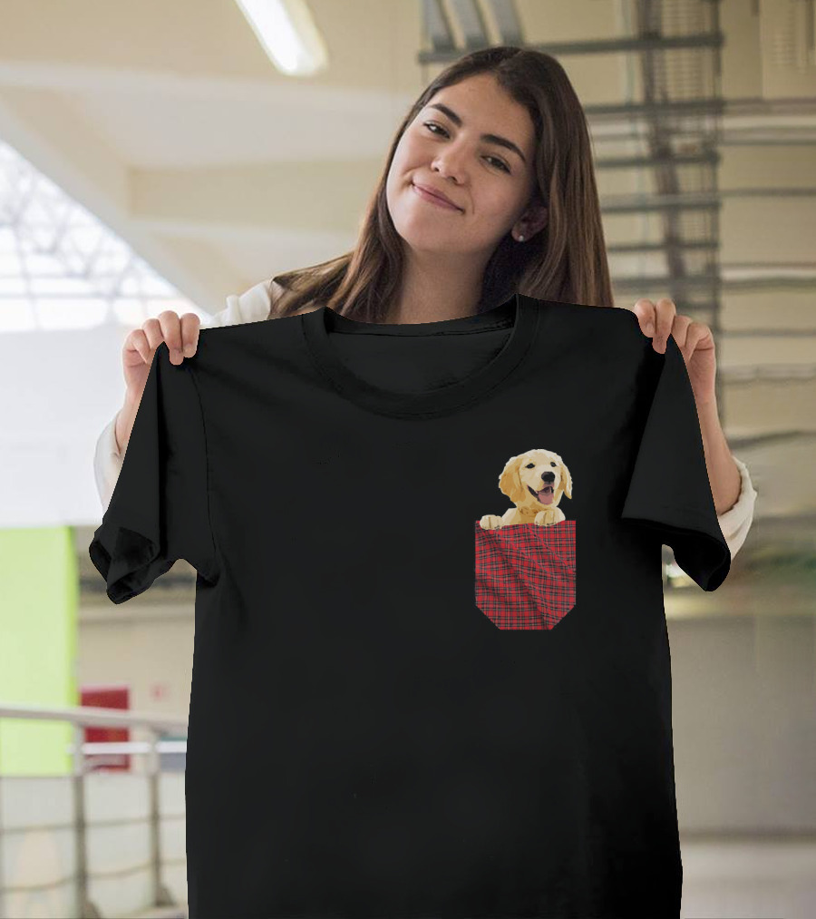 Golden Retriever in Red Plaid Pocket T-Shirt
