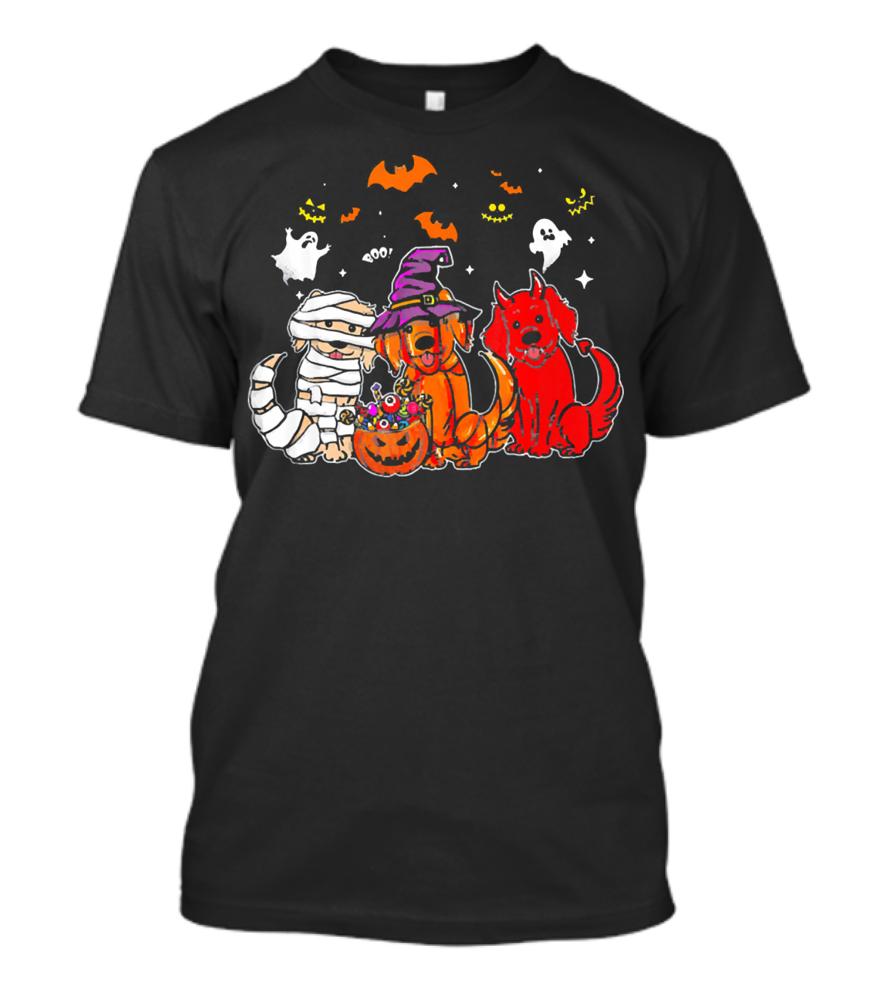 Golden Retriever Mummy Witch Halloween Trio With Ghosts And Bats T-Shirt