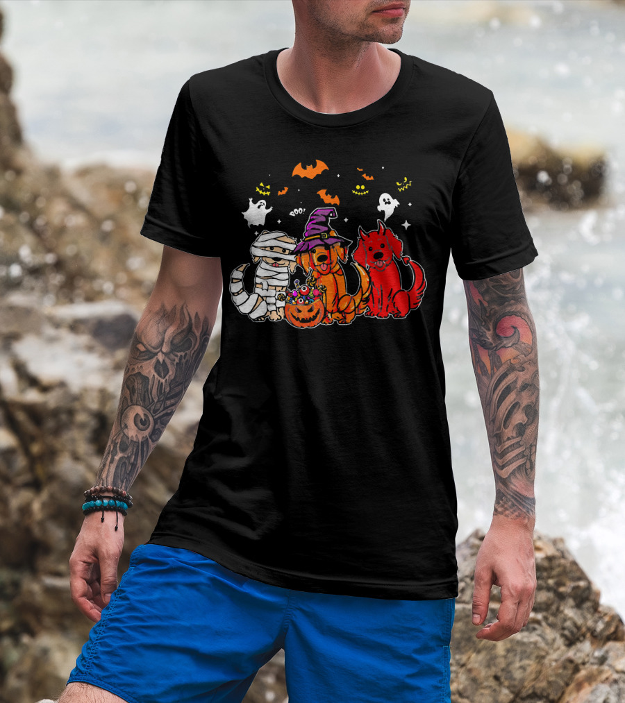 Golden Retriever Mummy Witch Halloween Trio With Ghosts And Bats T-Shirt