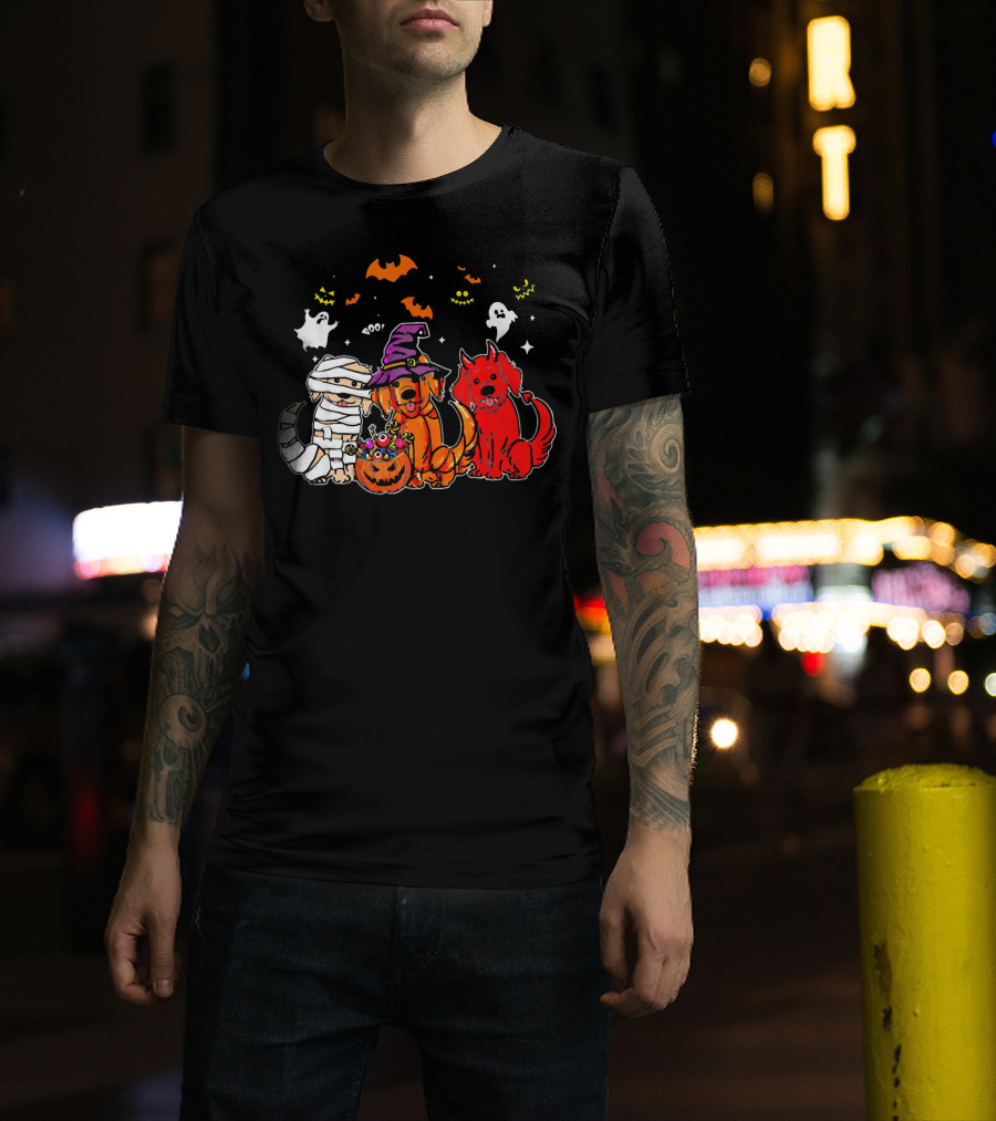 Golden Retriever Mummy Witch Halloween Trio With Ghosts And Bats T-Shirt