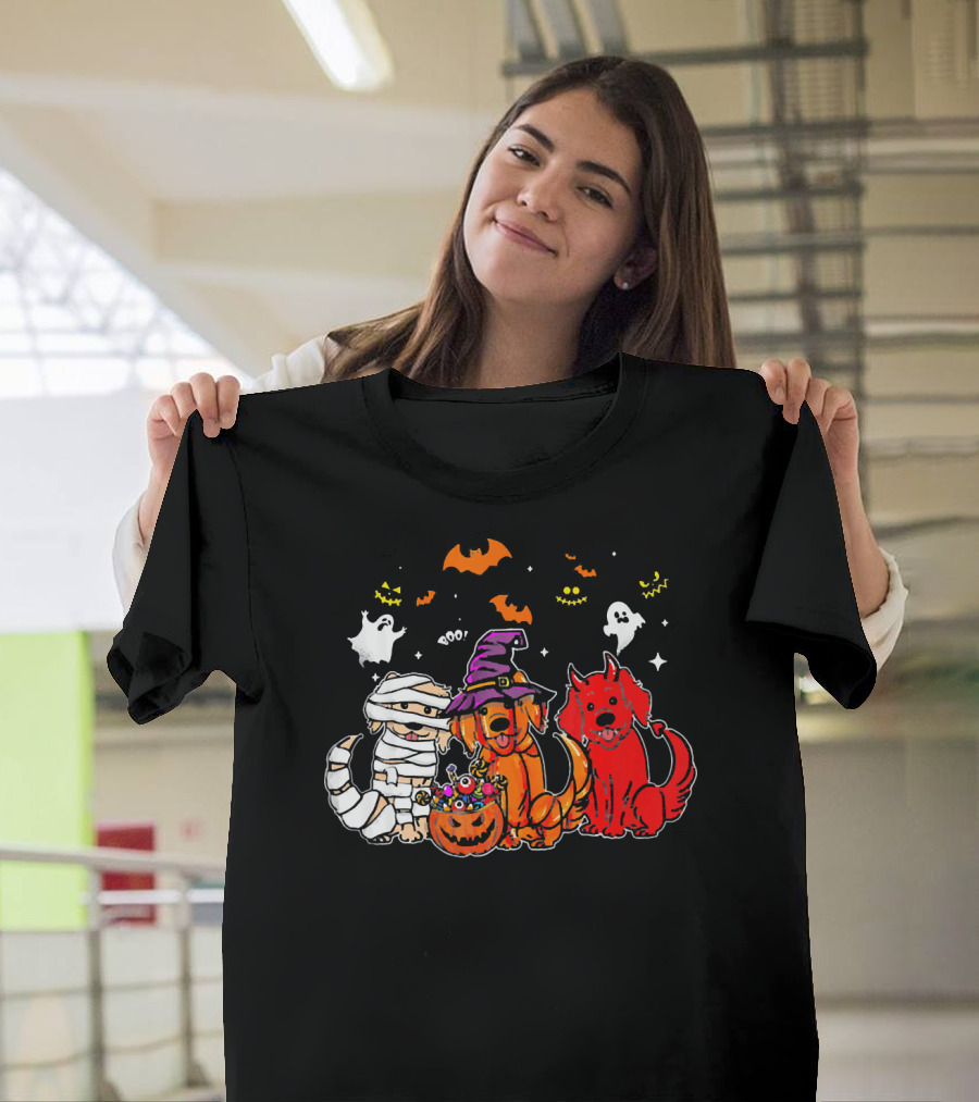 Golden Retriever Mummy Witch Halloween Trio With Ghosts And Bats T-Shirt