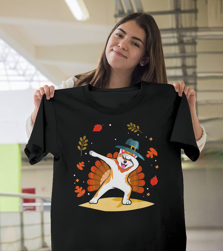Akita Dog Dabbing Thanksgiving Pilgrim Hat Autumn Leaves Turkey Tail T-Shirt